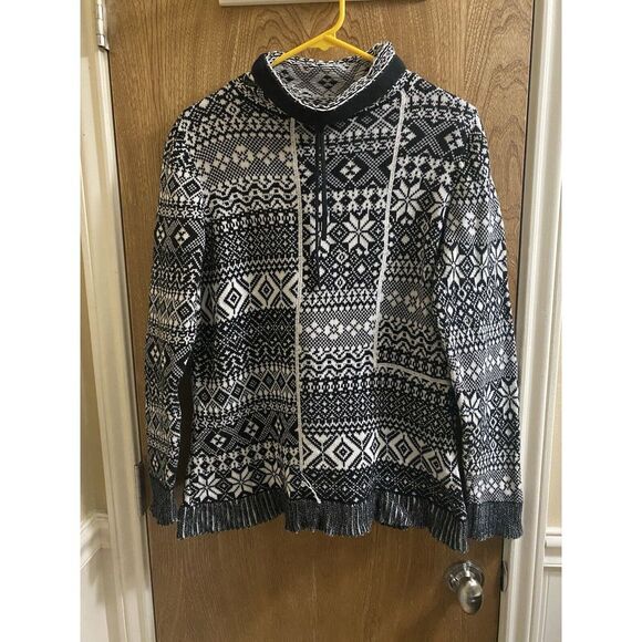 WOOLRICH Women's Black White Snowflake Geometric Knit High Neck Sweater XL Read - Picture 1 of 10